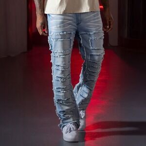 Rockstar Original Shake Light Blue Stacked Flare Jeans Mens 38 Frayed Patchwork